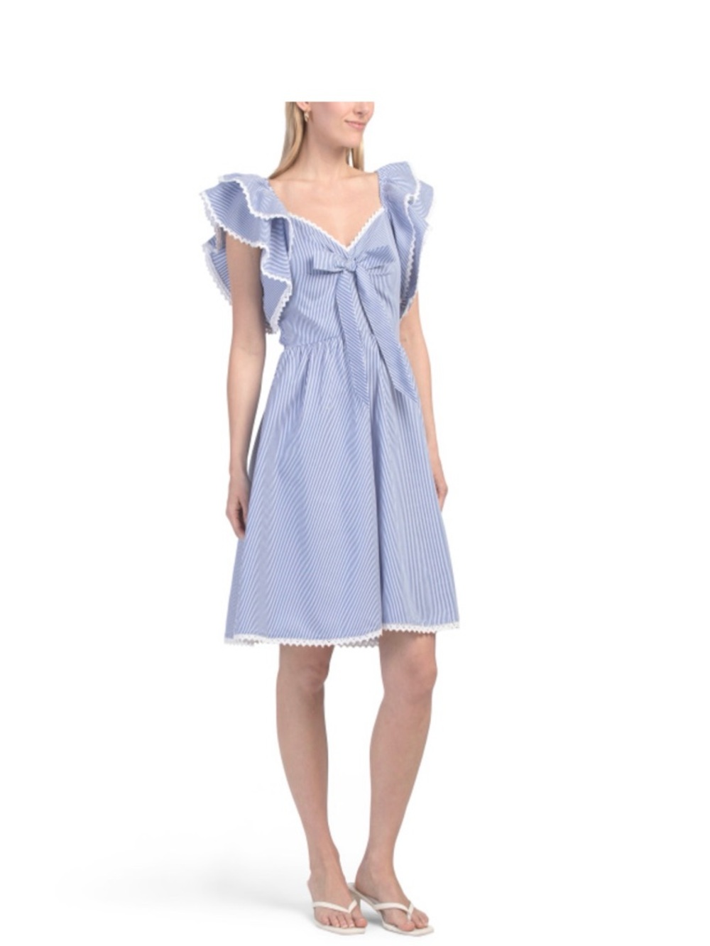 Us Together Striped Tie-Front Ruffle Midi Dress in Light Blue